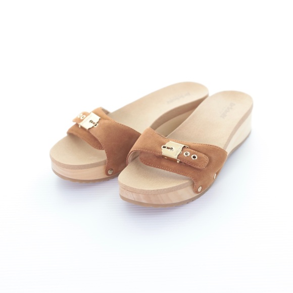 Dr. Scholl’s Original Too Slide Brown Suede Cushioned Wooden Platform Sandals 8M - Picture 3 of 8